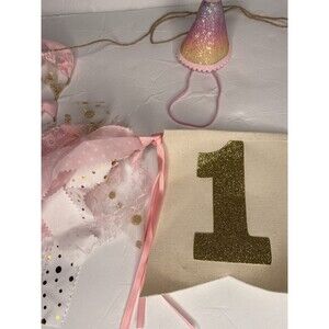 1st Birthday Banner For High Chair & A Party Hat Pink Gold